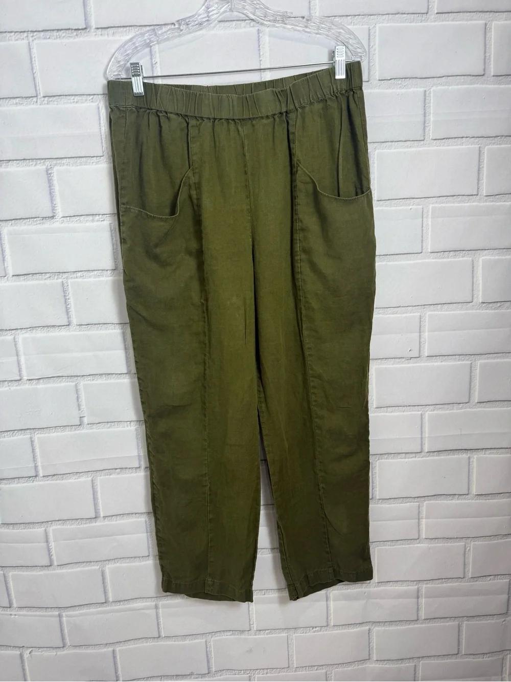 Quince Women’s Olive Green 100% Linen Pull-On Pants minimalist quiet luxury/L